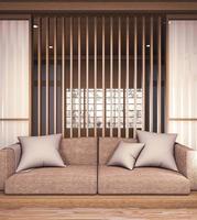 sofá de madeira design japonês, piso de madeira japonesa na sala e lâmpada de decoração e vaso de plantas. foto