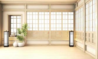 ryokan grande, design de interiores de quarto em estilo zen japonês e design de quarto de madeira renderização minimal.3d foto