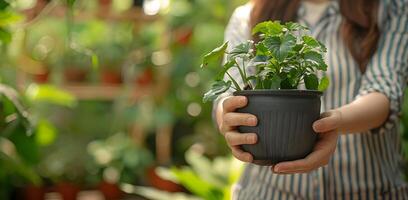 mulher mãos segurando uma verde em vaso plantar dentro uma jardim fundo. plantas fundo. crescendo plantas fundo foto