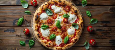 pizza coberto com queijo e tomates em de madeira mesa foto
