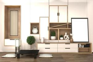 gabinete de madeira na parede da estante da sala interior minimalista e japonês da sala de estar zen. Renderização 3D foto