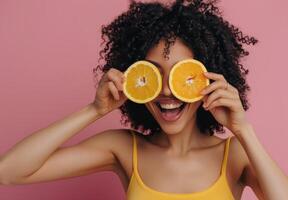 mulher segurando laranja acima para olho foto