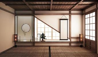 design de interiores, sala de estar moderna com mesa baixa, poltronas, árvore bonsai e decoração em estilo japonês. Renderização 3d foto