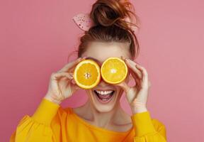 mulher segurando laranja acima para olho foto