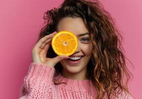 mulher segurando laranja acima para olho foto