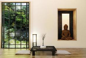 sala de estar zen moderna e minimalista com piso de madeira e decoração em estilo japonês. Renderização 3D foto