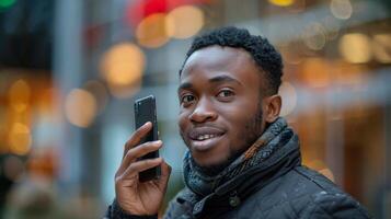 homem vestindo óculos falando em célula telefone foto