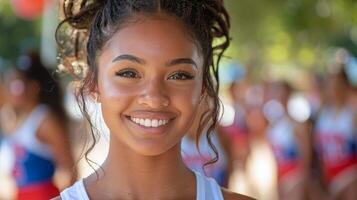 mulher com azul olhos sorrisos às a Câmera foto