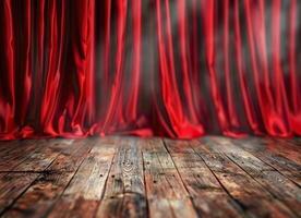 de madeira chão com vermelho cortina dentro fundo foto