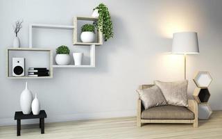 sala de estar zen moderna e minimalista com piso de madeira e prateleira de madeira na parede em estilo japonês. Renderização 3D foto