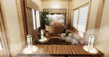 interior do quarto onsen com banheira de madeira e decoração em estilo japonês de madeira. Renderização 3D foto