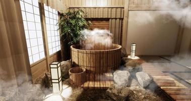 interior do quarto onsen com banheira de madeira e decoração em estilo japonês de madeira. Renderização 3D foto
