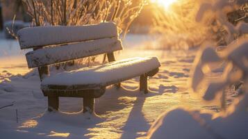 uma coberto de neve Banco senta dentro a dourado luz do a baixo Sol convidativo 1 para Pare e levar dentro a pacífico inverno cena foto