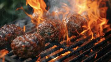 a chamas dança sedutoramente por aí Individual porções do Rolo de carne infundindo eles com uma esfumaçado e salgado sabor este gritos ao ar livre cozinhando foto