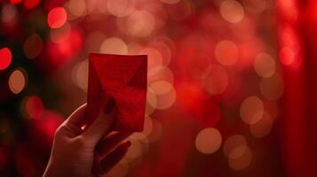 uma ampliado tiro do uma mão segurando uma vermelho envelope tradicionalmente dado Como uma presente durante Músicas dia celebrações foto