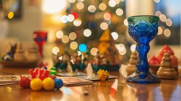 uma mesa exibindo tradicional hanukkah jogos tal Como dreidel fiação e cartão jogos fornecendo Diversão e entretenimento para todos idades durante a oito noites do a feriado foto