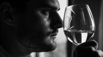 uma homem segurando uma vinho gl acima para a luz examinando Está clareza e sombra antes levando uma trago. dele face é sério dele gosto brotos já começando para decifrar a complexidade foto