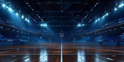 esporte arena antes a jogo. a basquetebol quadra é esvaziar e aceso acima com brilhante luzes foto
