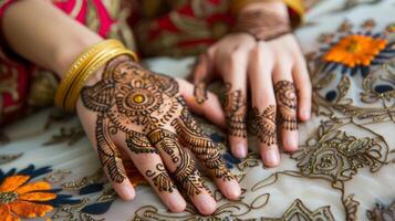 a intrincado desenhos e padrões do hena adornando a mãos do mulheres uma símbolo do beleza e celebração durante eid foto
