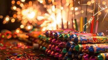 uma mesa forrado com pacotes do colorida e barulhento fogos de artifício tal Como estrelinhas foguetes e fogos de artifício pronto para luz acima a noite céu durante a festivo celebrações foto