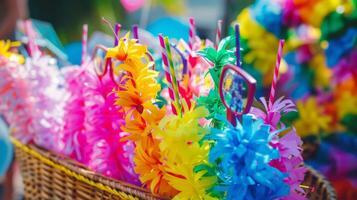 uma fechar-se do uma variedade do festa favores a partir de colorida leis para boba óculos e chapéus exibido dentro uma cesta para convidados para escolher a partir de foto