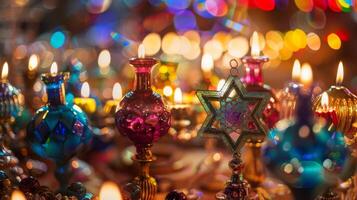 uma caleidoscópio do cores dentro a matriz do hanukkah decorações a partir de cintilante guirlandas para espumante enfeites foto