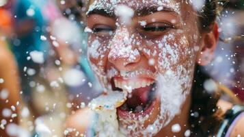 uma pessoa levando uma mordida do uma delicioso carnaval tratar seus face coberto dentro em pó açúcar e uma sorrir do puro prazer foto