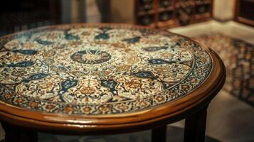 a mesa estava Além disso adornado com intrincado padrões e desenhos comumente encontrado dentro islâmico arte e decorações. esses motivos adicionado uma toque do elegância para a configuração homenageado foto