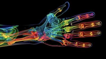 uma térmico Varredura do uma pessoas mão ser analisado de ai tecnologia para detectar cedo sinais do reumatóide artrite ou de outros relacionado à articulação doenças foto