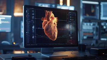 uma computador tela exibindo uma 3d reconstrução do uma pacientes coração com ai tecnologia capaz para identificar qualquer anormalidades ou bloqueios dentro a artérias para cedo detecção foto