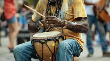 ast a encontrão e urgência do uma ocupado cidade rua uma grupo do rua artistas mostruário seus diverso talentos. a ar é preenchidas com a som do música pintura escovas escovar foto