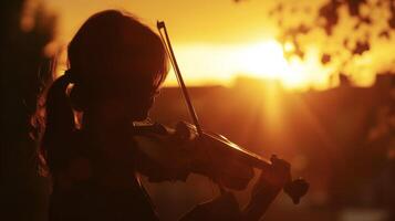 a assustador som do uma violino ecoando através a urbano ruas recortado contra uma fogosa laranja pôr do sol foto