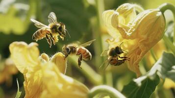 uma grupo do ocupado abelhas polinizando linhas do brilhante amarelo abóbora flores a essencial parte do a vegetal agricultura ecossistema. isto fechar-se mostra a interligação e confiança foto
