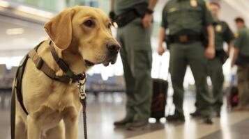 uma linha do uniformizado segurança pessoal realizando completo Bagagem Verificações com treinado farejador cachorros em coleiras foto