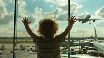uma jovem criança saltos acima e baixa com excitação Como elas Assistir a aviões levar fora e terra lado de fora a aeroporto janela seus face pressionado acima contra a vidro foto