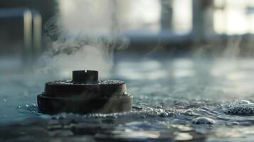 uma pequeno desabafar em a topo do a piscina aquecedor lançamentos vapor Como isto aquece acima a água foto
