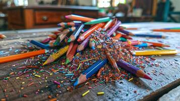 uma pilha do recentemente fragmento colori lápis tered em uma escrivaninha pronto para criativo projetos e colorida notas foto