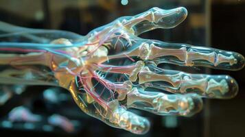 uma fechar-se do uma holográfico mão exibindo a ossos tendões e ligamentos e destacando Está destreza e complexidade dentro uma visualmente deslumbrante caminho foto