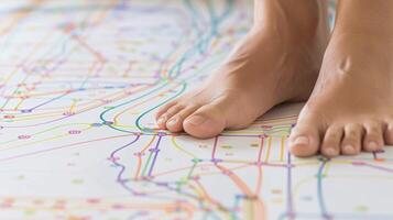 uma pessoas pés posicionado em uma reflexologia mapa com diferente colori linhas e símbolos indicando a caminhos este corresponder para específico corporalmente funções e sistemas foto
