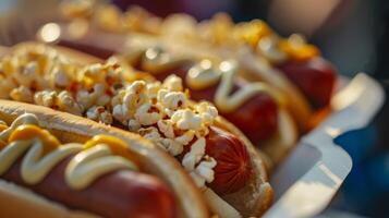 a cheiro do quente cachorros e Pipoca sopro através a carrinhos adicionando para a experiência do a jogos foto