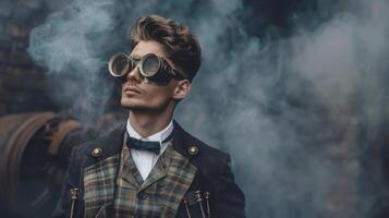 uma homem dentro uma elegante terno adornado com delicado ferro parafusos e inspirado no steampunk óculos olhares fixos pensativamente para dentro a distância dele criativo espírito brilhando através dentro a caminho ele incorpora foto