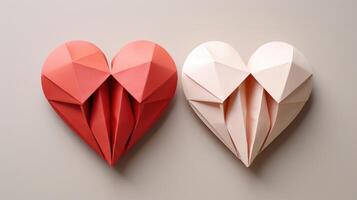 uma trio do origami corações, cada 1 habilmente guardada e p junto, criando uma deslumbrante visual exibição do precisão e habilidade. foto