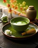 a artisticamente arranjado tiro apresentando a requintado japonês matcha chá cerimônia, capturando a meticuloso preparação do a em pó verde chá, batido para dentro uma espumoso, vibrante esmeralda foto