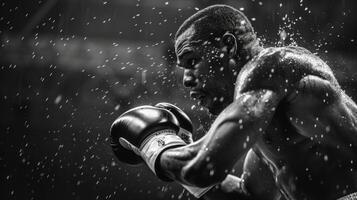 vigoroso músculos e tensão Como uma boxer entrega uma feroz superior foto