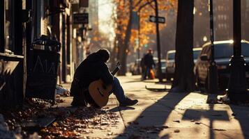 dentro a distância uma rua músico senta em a calçada serenata transeuntes com guitarra. face é obscurecido de a sombras . foto