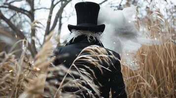 uma misterioso figura dentro uma topo chapéu e grandes casaco carrinhos com costas para a Câmera face obscurecido de uma gigante ventilador do ervilha penas. . foto