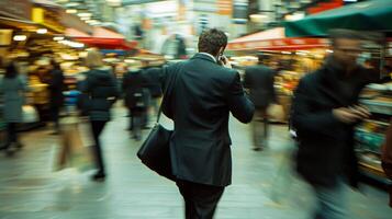 uma homem dentro uma o negócio terno pressa através a mercado absorta dentro uma telefone ligar enquanto tentando para navegar caminho através a multidões. . foto