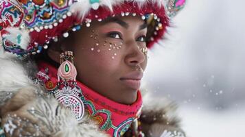 dentro uma controlo remoto Vila aninhado dentro a siberian região selvagem uma grupo do Preto mulheres reunir dentro celebração cada 1 exibindo uma único misturar do tradicional roupas e moderno moda. contra foto