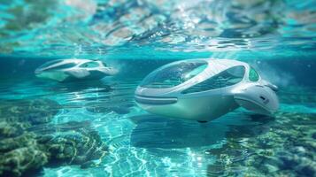a artístico Renderização do futurista barcos e veículos alimentado de ambientalmente amigável e sustentável algas biocombustível planador através claro como cristal águas. foto