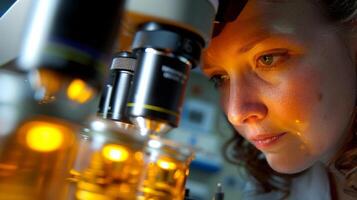 uma cientista pares através uma microscópio estudando uma unicelular organismo conhecido para Está habilidade para produzir ampla quantias do óleos e gorduras. esses óleos pode então estar convertido para dentro biodiesel foto